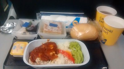 курица в соусе, рис, зеленая масса - похоже на пюре из фасоли